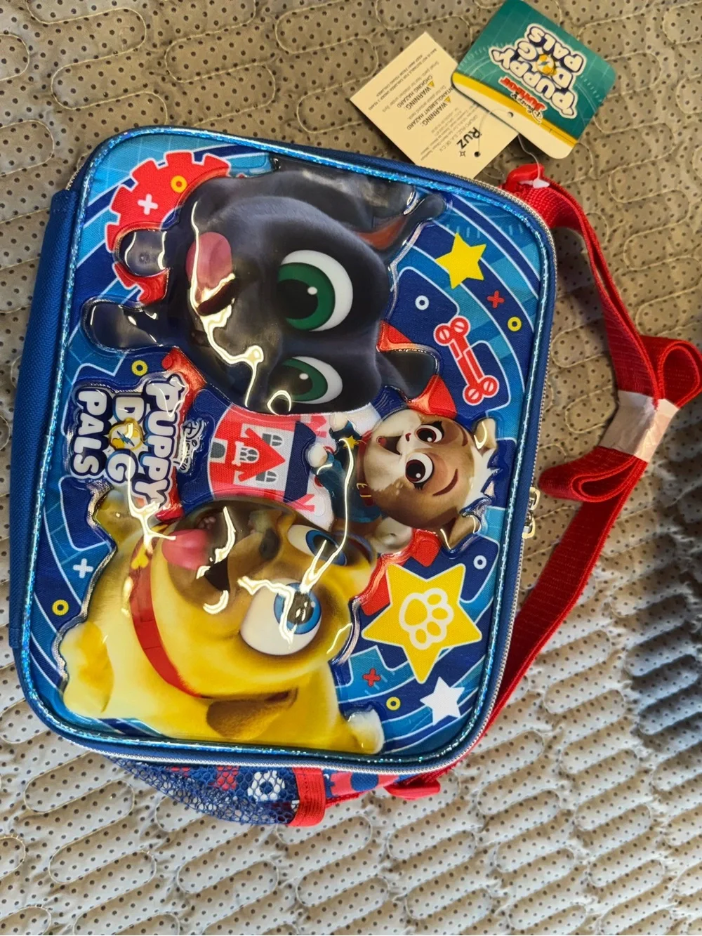 blue Disney Puppy Dog Pals insulated children's lunch bag featuring 3D